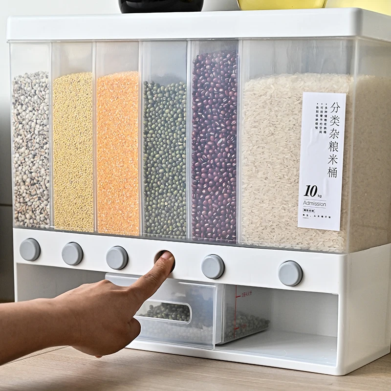  Hot selling Wall Mounted Divided Rice and Cereal Dispenser 10 KG Plastic Automatic Damp-proof Racks Sealed grain Storage