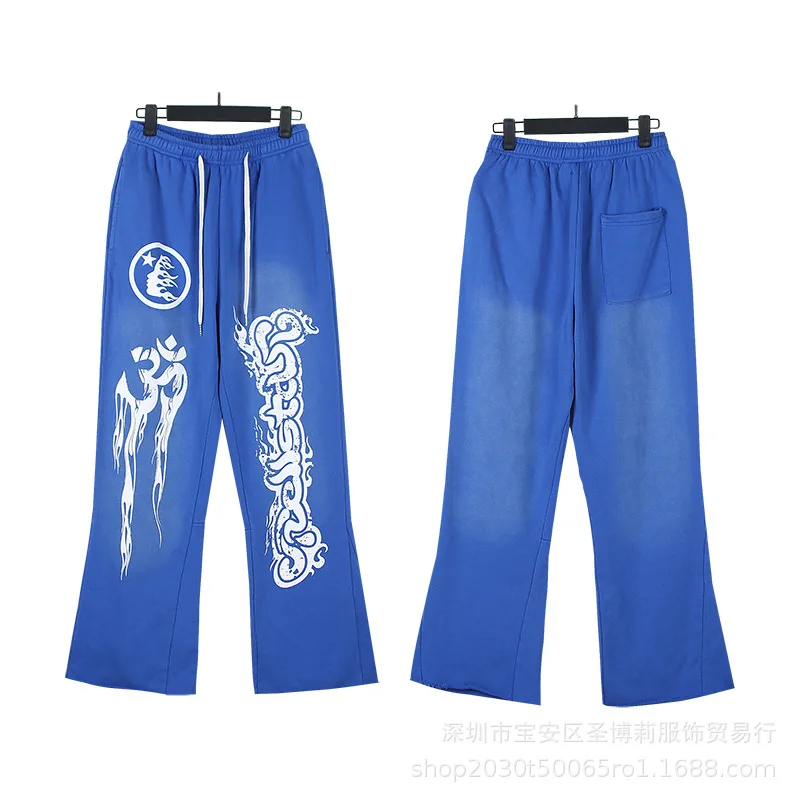Custom Logo Streetwear French Terry Acid Wash Blank Sweat Pants Side Button Vintage Flare Sweatpants Jogger Pants For Men