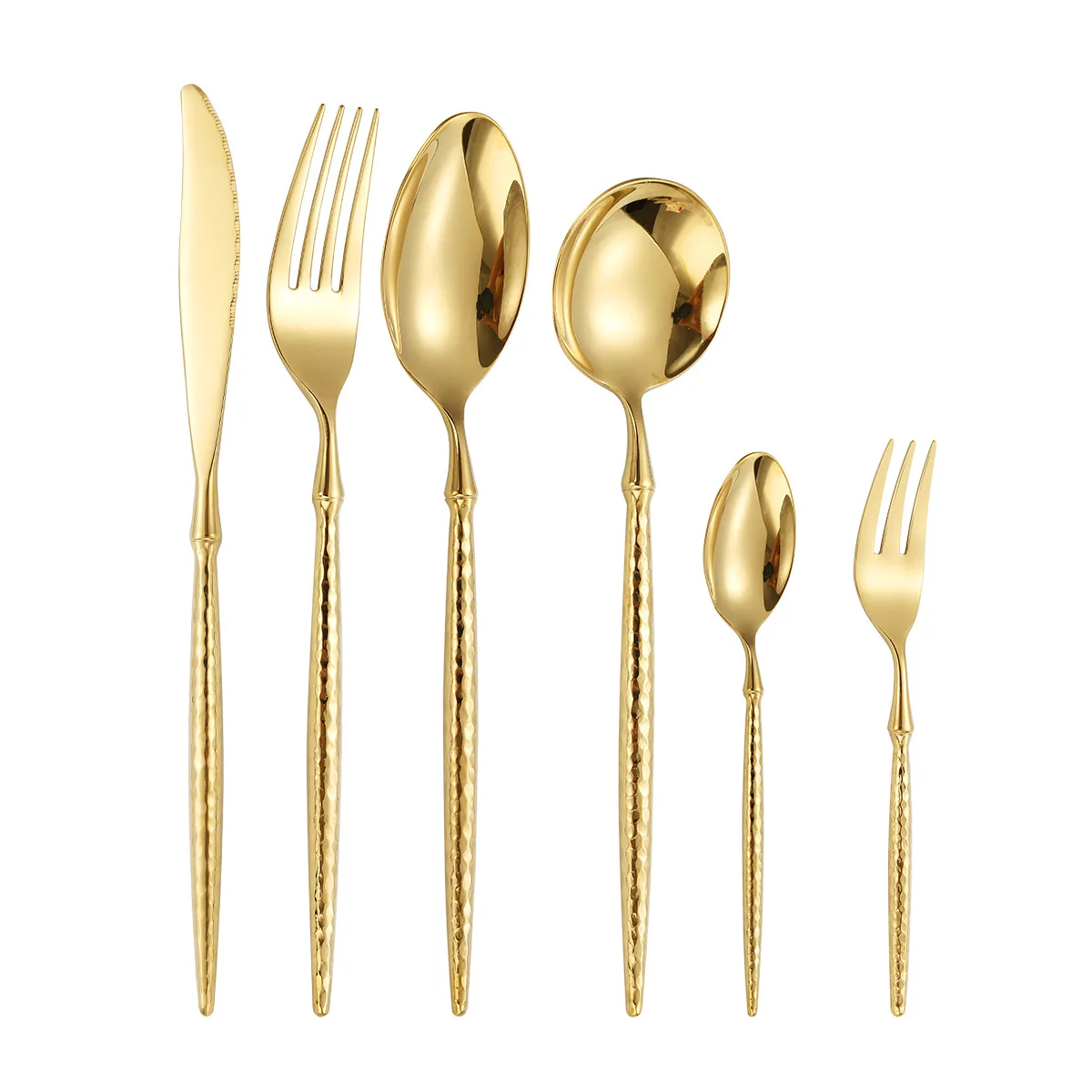 Hot selling New 304 stainless steel ballet hammer pattern round handle knife, fork and spoon luxury wedding western cutlery set