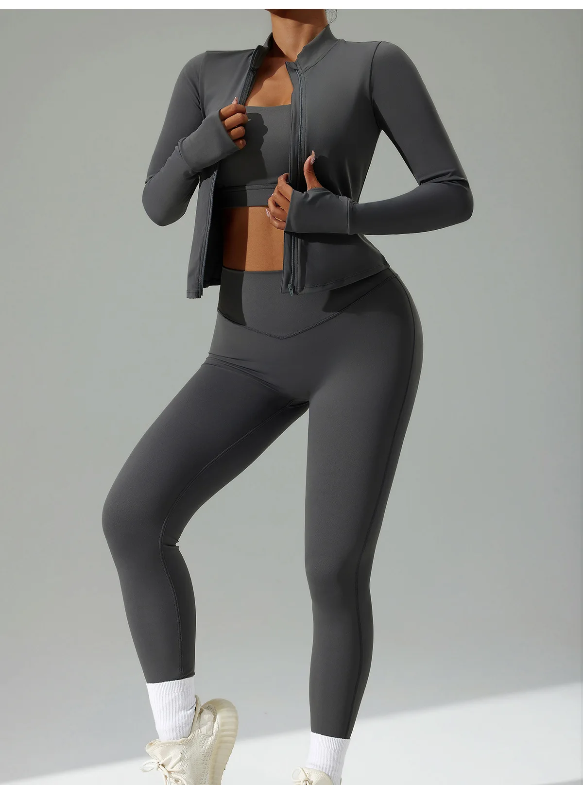 Yoke  Hot 3 Piece Set Workout Active wear Yoga Set Sports Suit Women Lounge Long Sleeve Tops With Zipper Sexy  Women Leggings