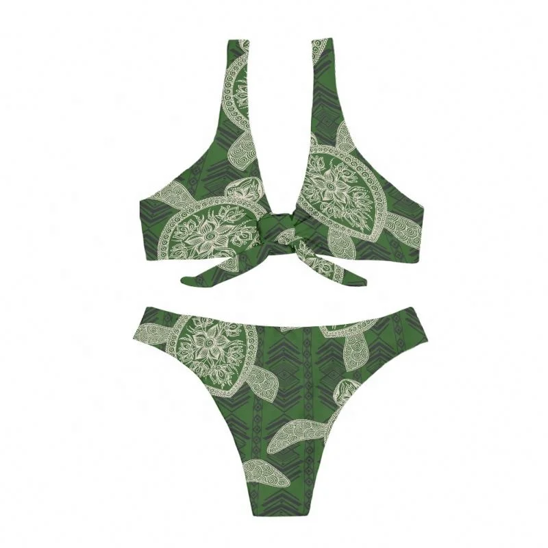 2021 Polynesian Tribal Tattoo Green Turtle Pattern Knot Low Waist Two Pieces Bikini Set For Women Swimsuit Female Beachwear