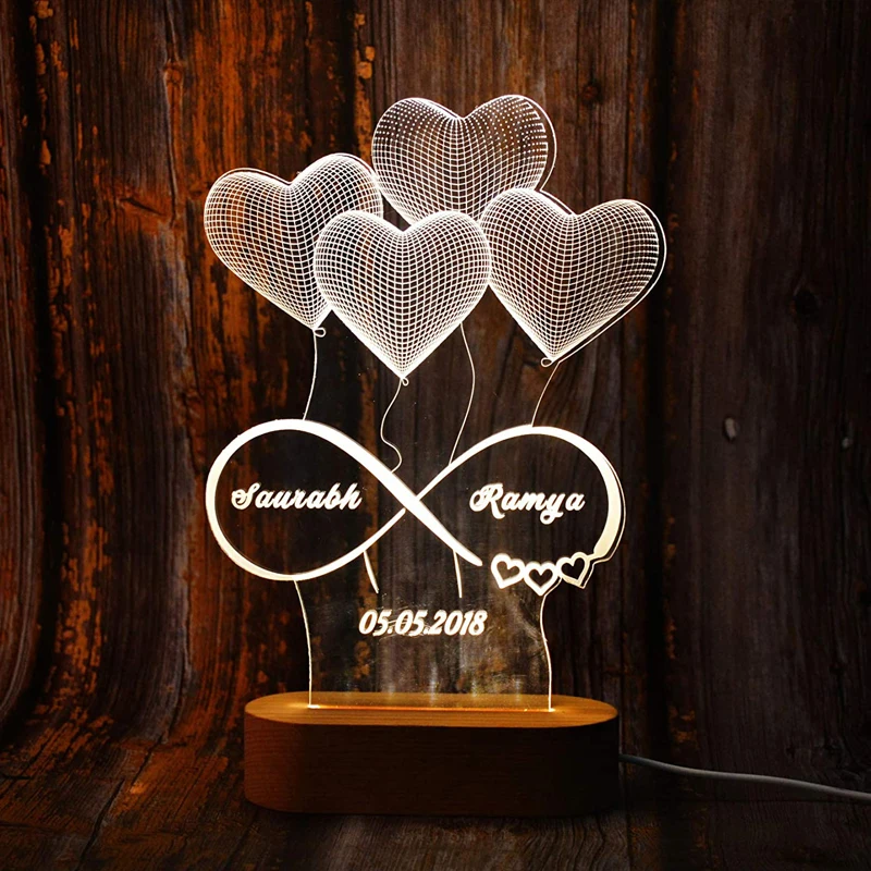 Diy Custom Creative Kids Room Gift Loving Heart Acrylic Wooden Base RGB LED 3D Night Light
