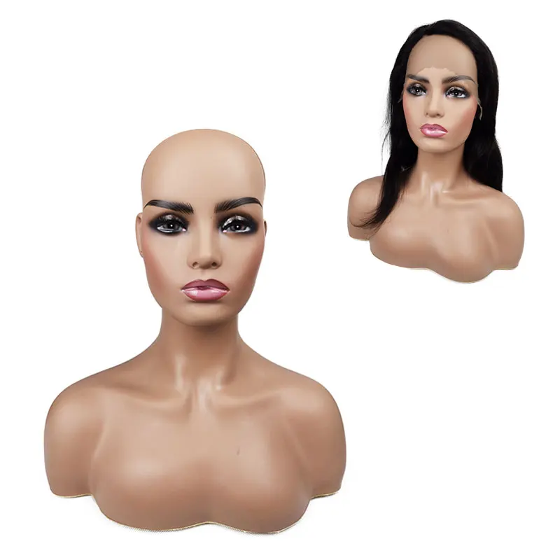 
Dark Skin African PVC Big Breast Realistic Female Mannequin Head with Shoulders for Wigs Display Mannequins MOQ 1 Piece 