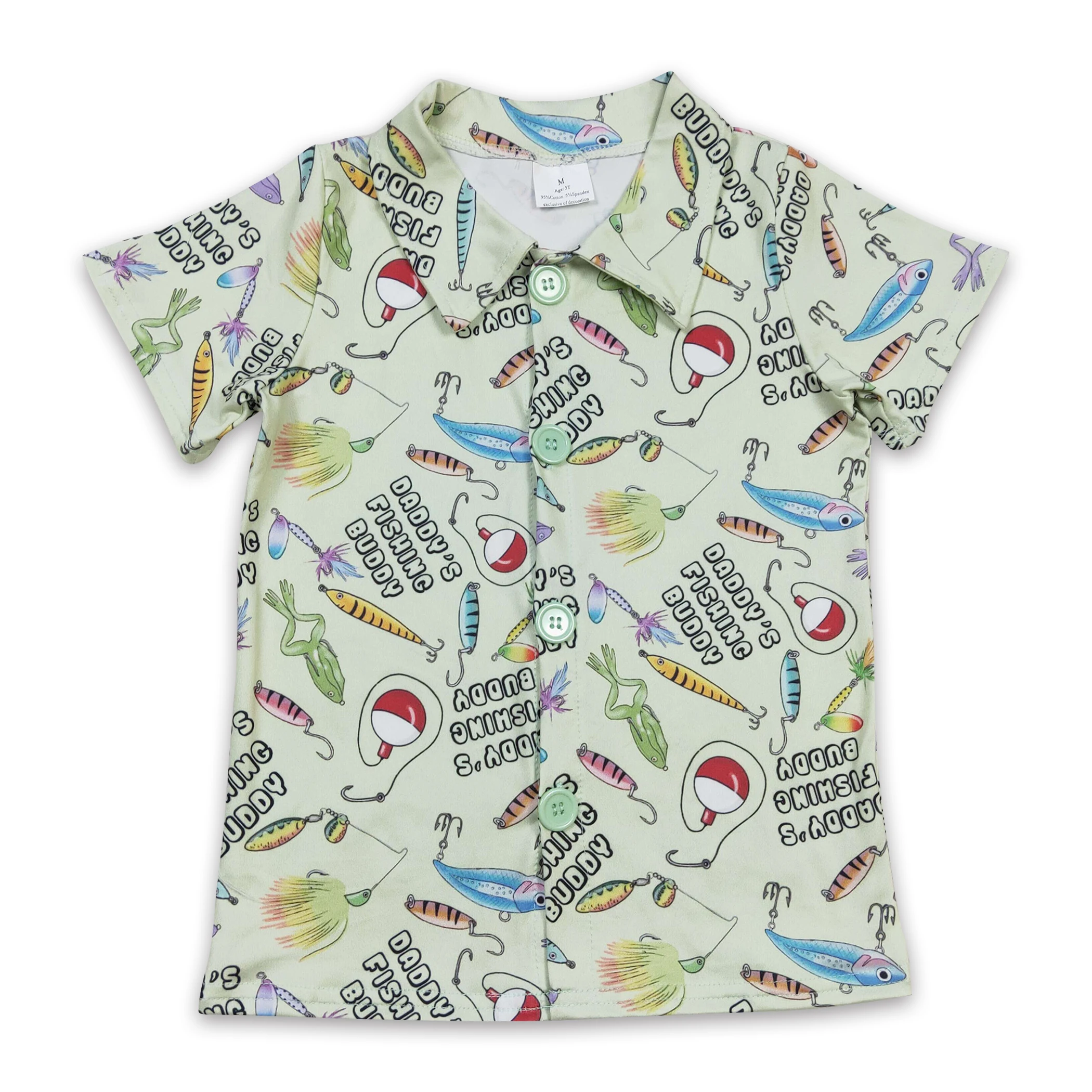 Sports Fabric Shirt Short Sleeve Button V-neck  Frog Fish Hook Pattern Kids Boy and Girl Clothing