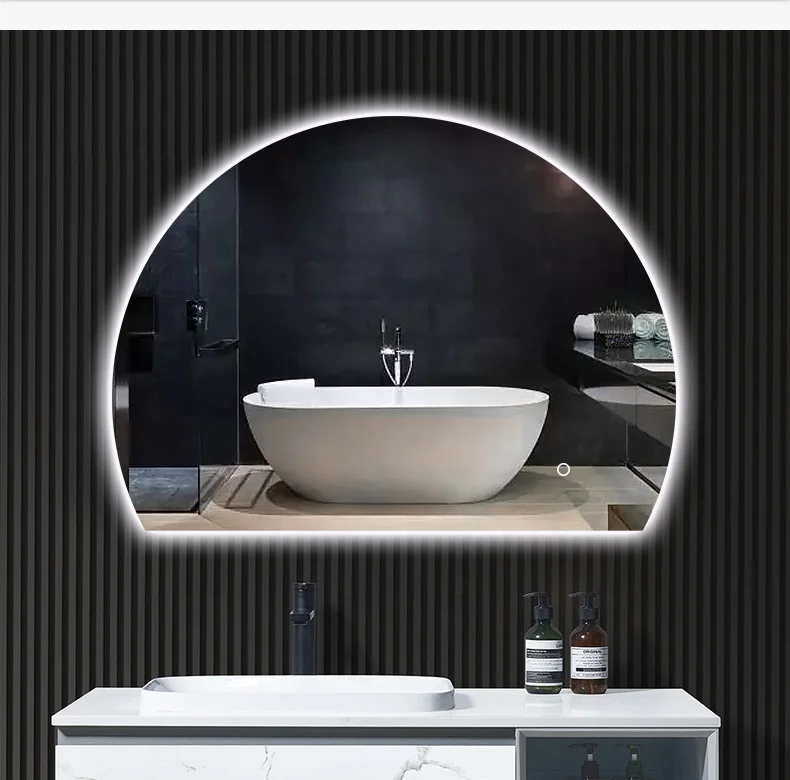 Customized Smart Bathroom Illuminated Half Round Mirror Makeup Hotel Led Bathroom Mirror