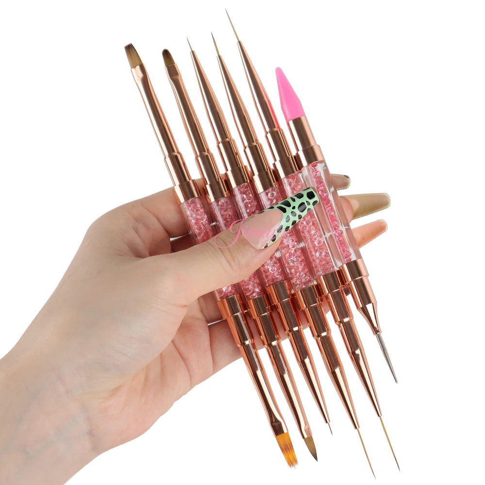 Jieniya Custom logo pink Rhinestones handle Kolinsky/nylon Hair 2 in 1 dual end Nails Tools Nail Art Brushes set