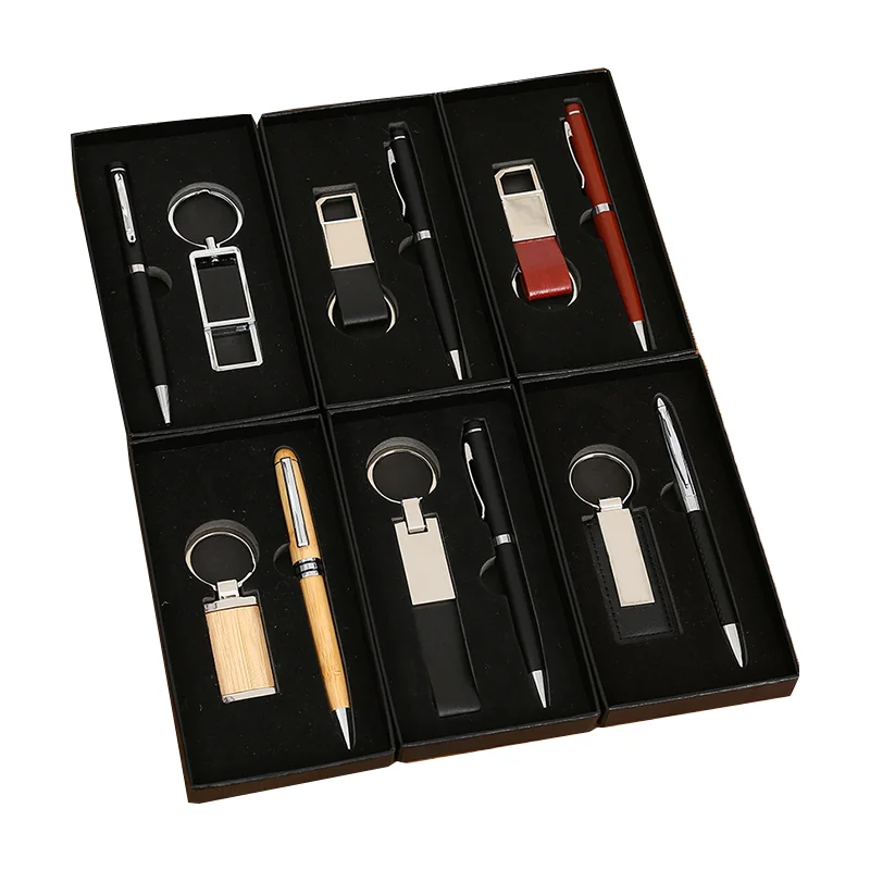 New Style Various Design Gift Set Box Leather Metal Pen Key Chain Gift Office Leather Metal Ball Pen And Keychain In Box Set