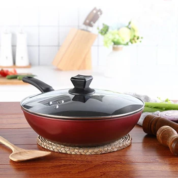 Wholesale 32cm cast iron wok with glass cover non-stick chinese wok wooden handle wok pan