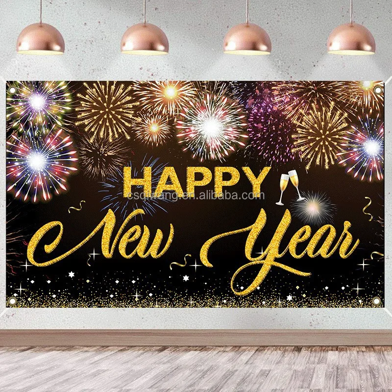 Digital Printing Custom Designed New Year Background Banner Indoor Outdoor Polyester Various Holiday Party Advertising Themes