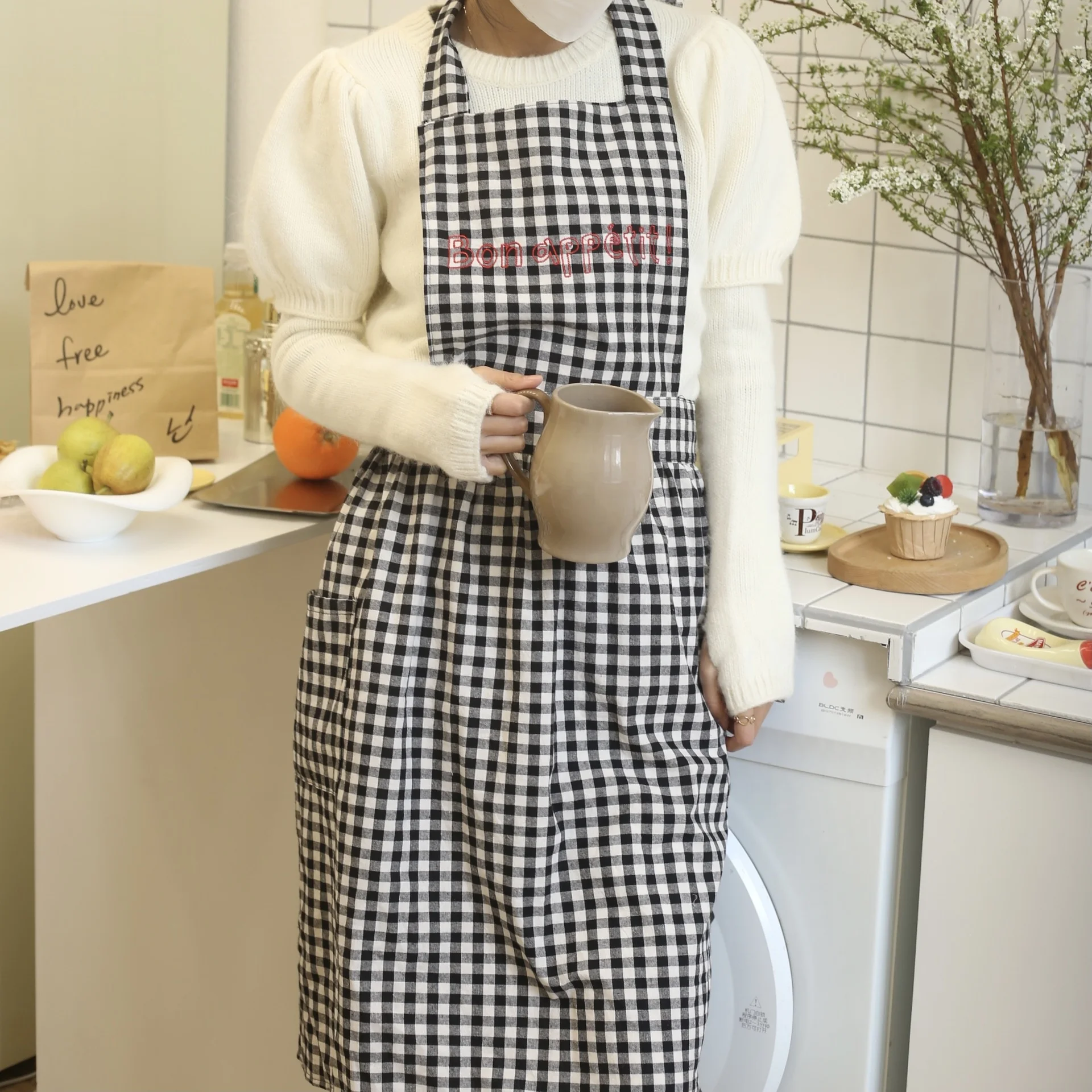 New Ladies Apron Custom Embroidered Cotton Dress Pinafore Nail Kitchen Salon Women Apron