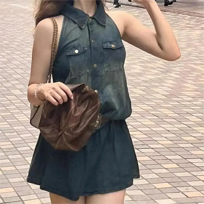 OEM Casual Solid Turn Down Collar Sleeveless Button Dresses Summer Mini Cotton Denim Flare T-Shirt Dress Women Sexy With Pockets