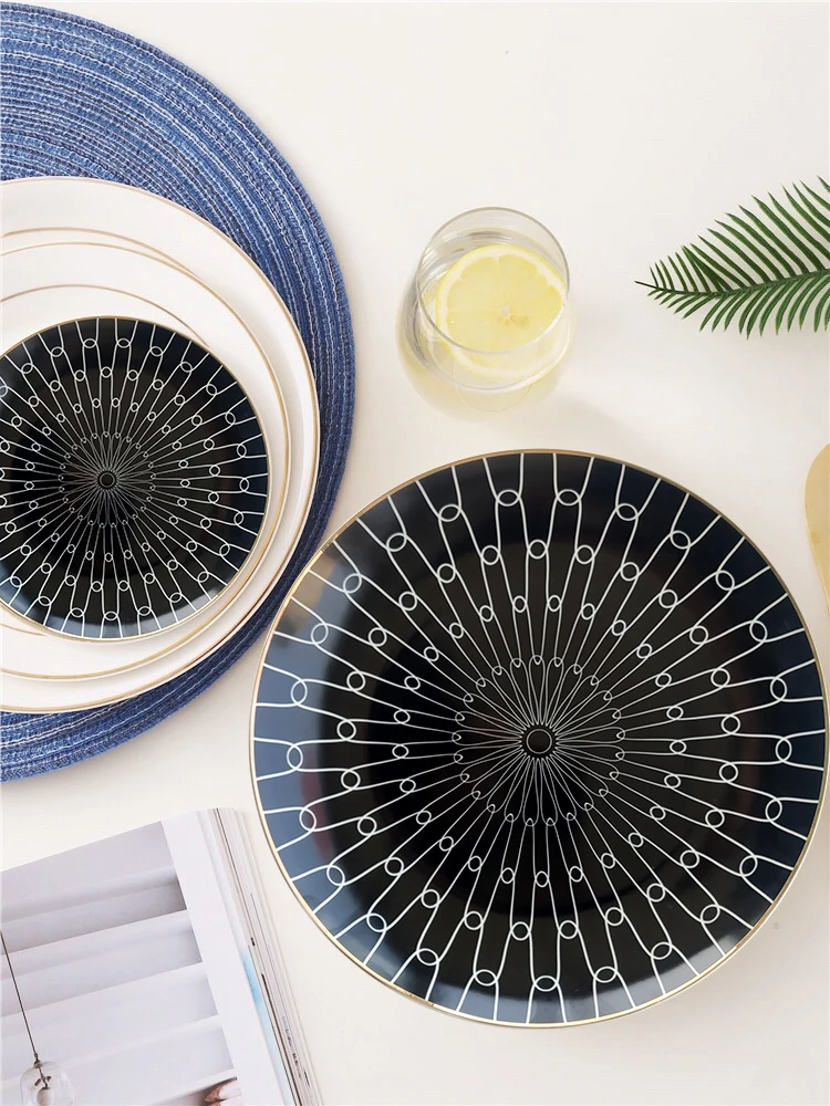 nordic light luxury wedding black marble plates ceramic dinner sets with gold rimmed