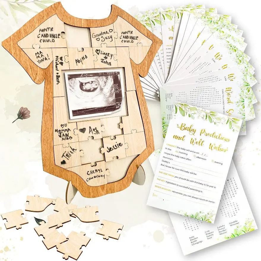Wooden  Baby Shower Guest Book Alternatives Onesie Frame & 25 Prediction Game Cards