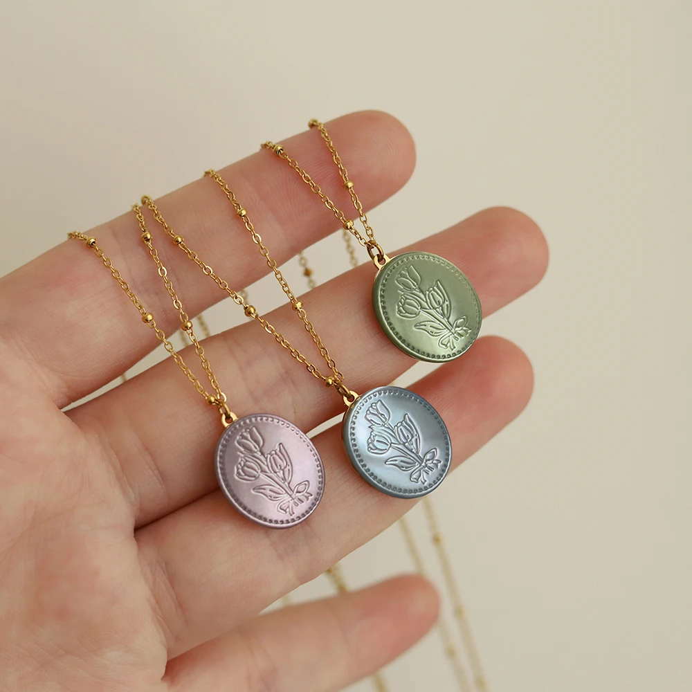 Dainty Stainless Steel Mother of Pearl Necklaces Jewelry 18K Gold Plated Purple Blue Green Flower Shell Necklaces for Women