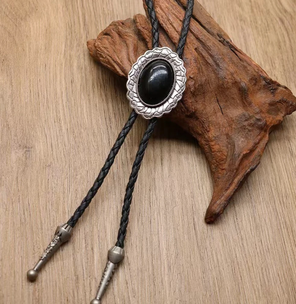 Hypoallergenic eco brass Western Cowboy  bespoke black onyx Bolo Tie Obsidian Retro Necktie Bootlace Ties custom Bolo Tie