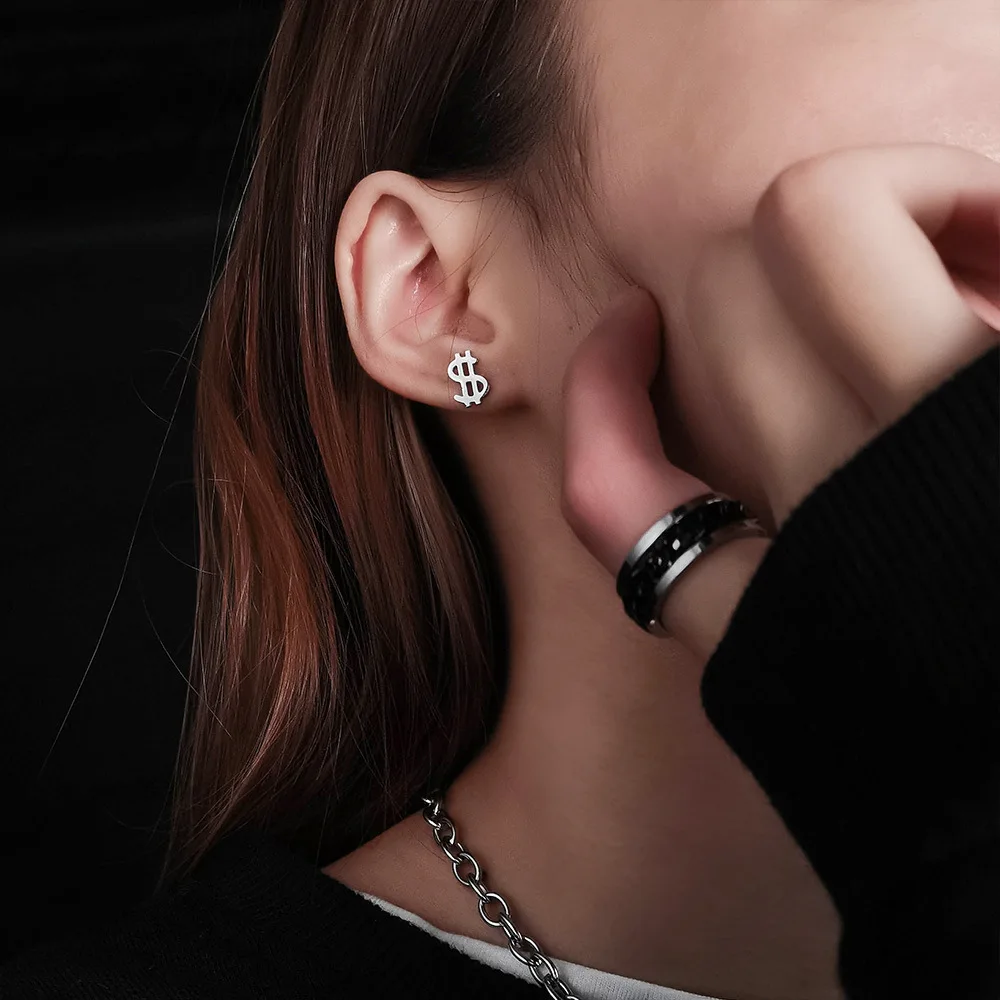 Dollar Sign Small Stud Earrings Couples Cool Style Simple Titanium Steel Earrings Men and Women Punk Style Earrings
