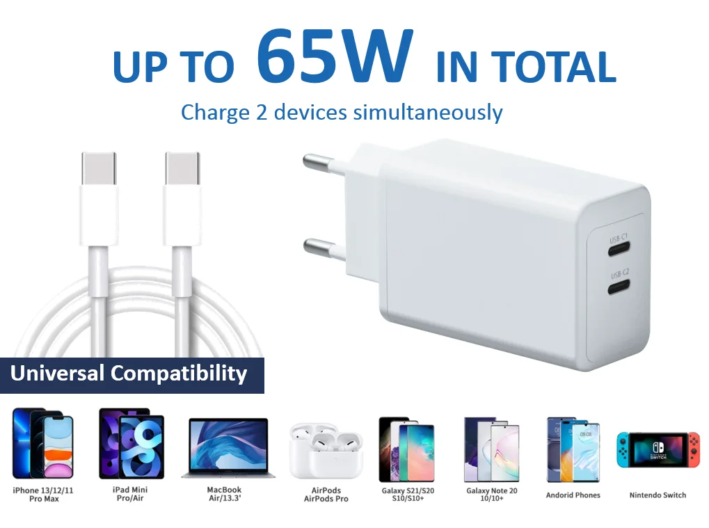 65W GaN PPS Wall Charger Type-C Dual Port PD QC 65W 20V 3.25A Fast Power Charging Adapter For Mobile Phone