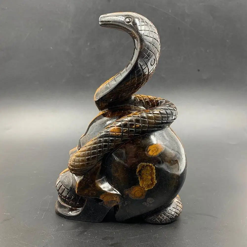 Wholesale Natural Tiger Eye And Snake Folk Crafts Hand Carved Crystals Healing Skulls For Home Decoration