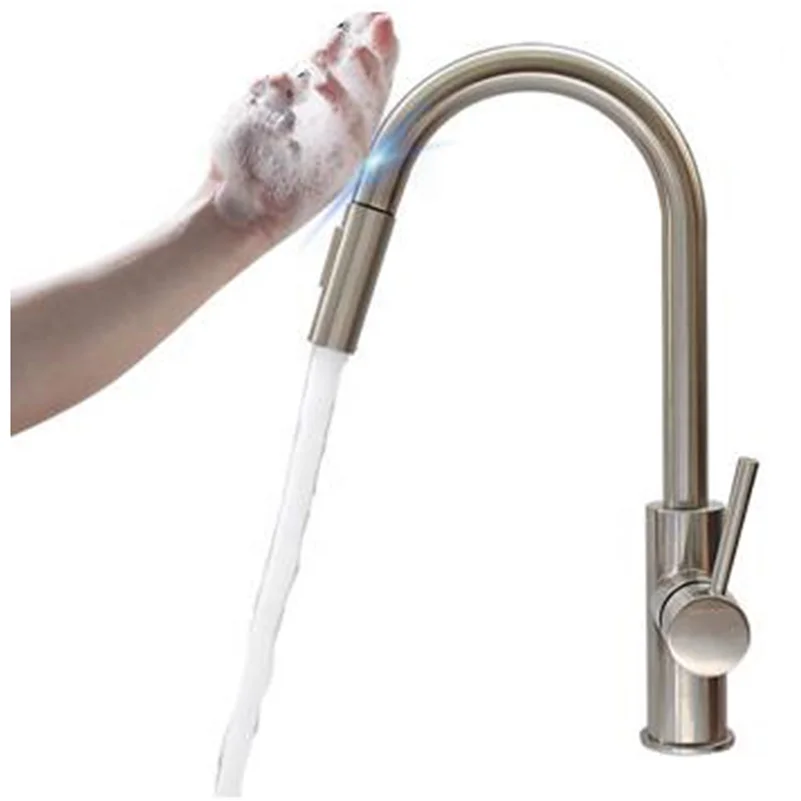 Матовый автоматический сенсорный смеситель из нержавеющей стали для раковины, кухонный кран с одним отверстием, вытяжной