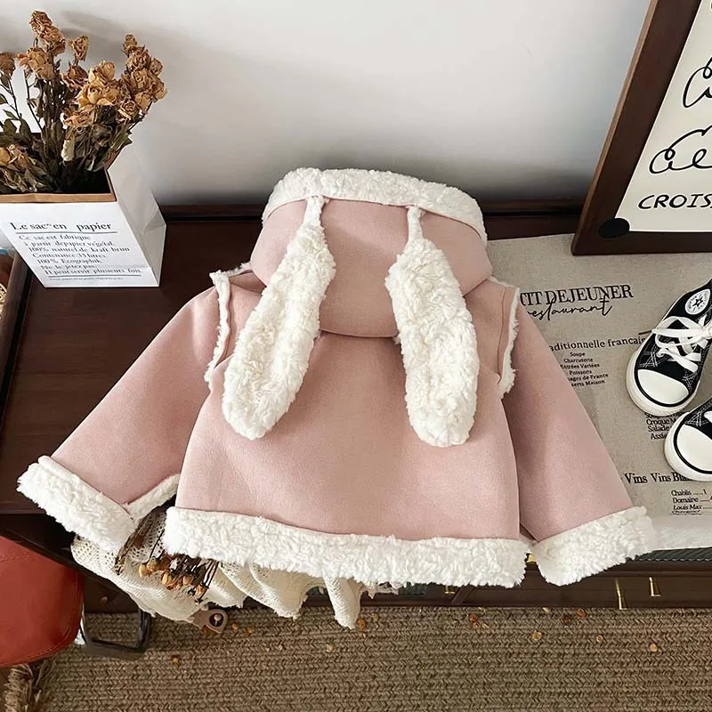 80-130cm Winter Kids Fur Coat Suede Fabric Plush Thickened Cardigan Horn Buttons Kids Wholesale Clothing Pink kids Winter Coat