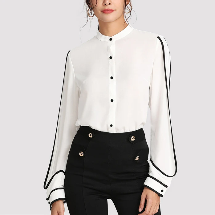 White Elegant Women Blouse Stand Collar Long Sleeve Shirts  Autumn Workwear Shirt Top