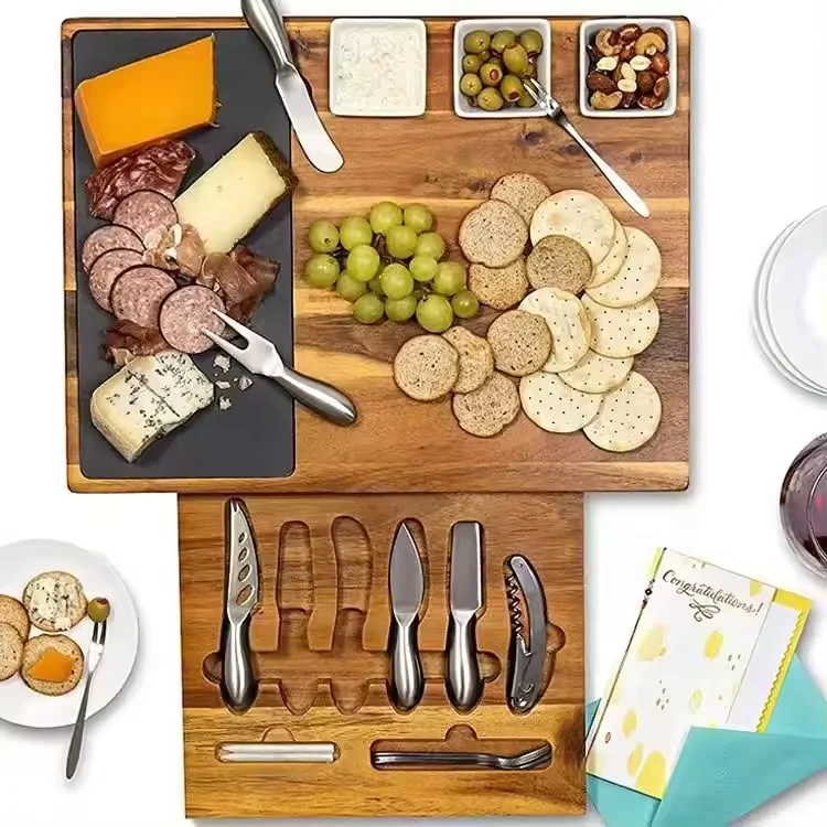 Large slate acacia wood cheese board knife set with drawer wholesale wooden cheese cutting board wood charcuterie cheese board