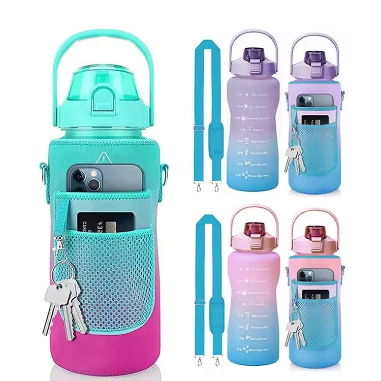 2L Portable Handfree Tritan Neoprene Bottle Motivational Time Marker Jug Fitness Gym Sport Water Bottle Bag with Strap