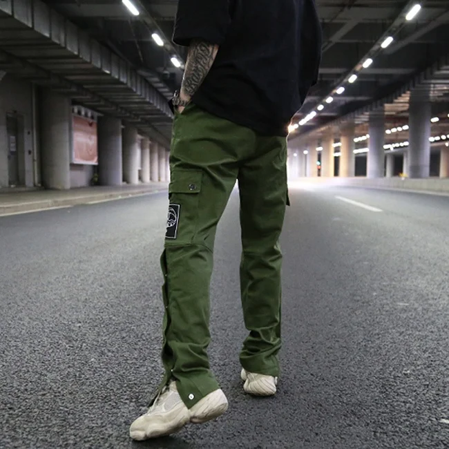 OEM vintage side button loose straight embroidery cargo pants couple hiphop casual trousers stretch waist side pocket work wear