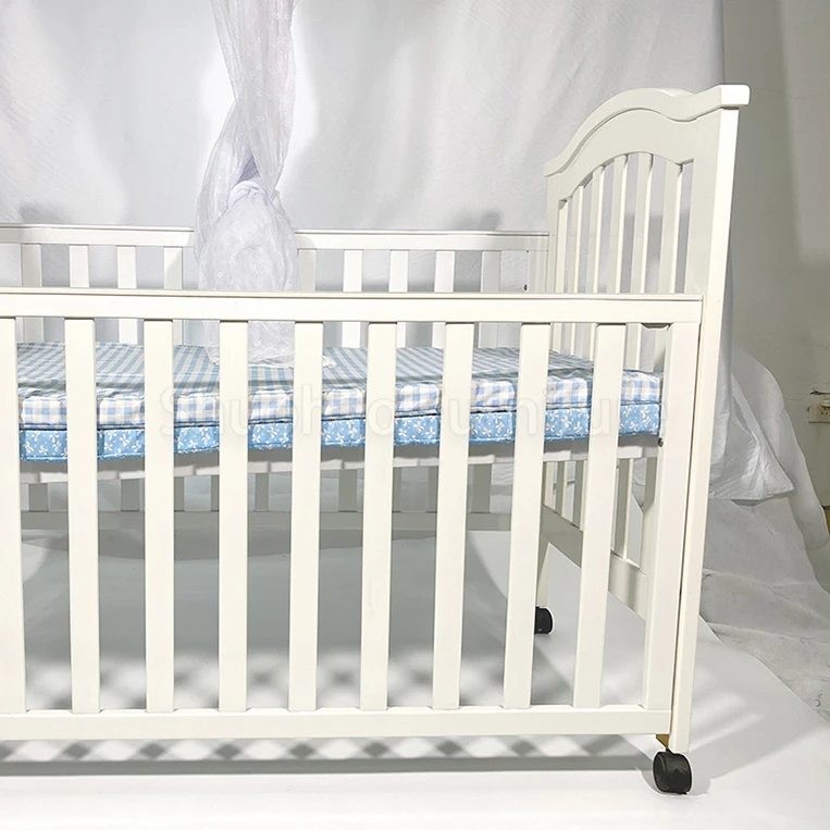 2022 New design product baby bed white wooden baby crib with net movable children cot