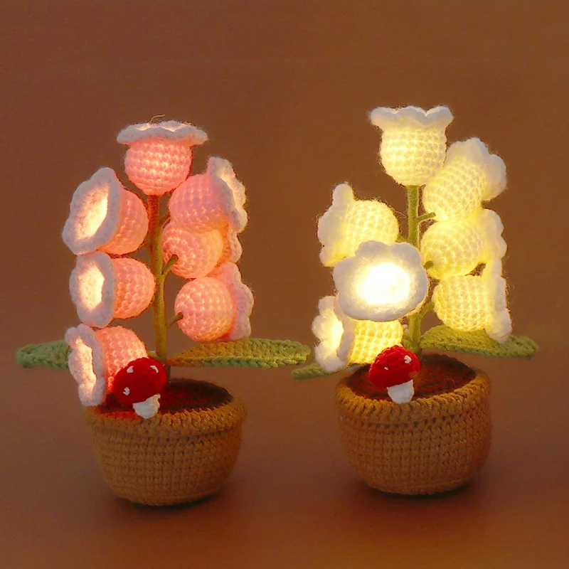 H089 Handmade Desktop Suzuran Night Light Knitting Suzuran Woolen Small Potted Plants Creative Everlasting Flower Arrangement