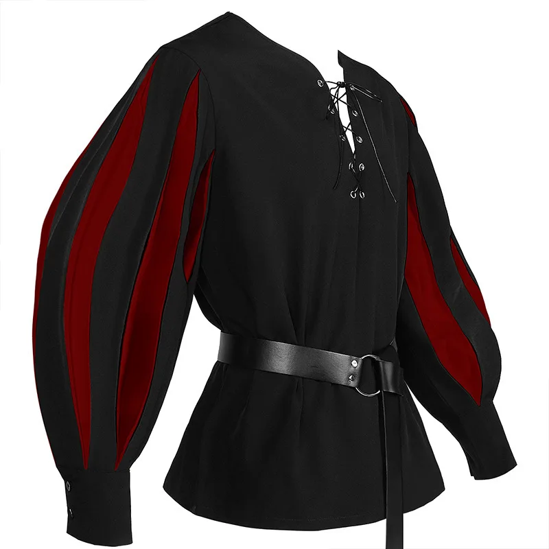 Medieval Shirts Men Pirate Costume Gothic Clothing Steampunk Pirate Tops Ruffled Sleeve Drawstring Knight Cosplay Halloween