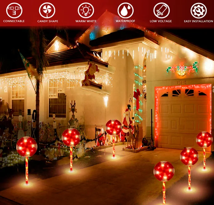 Christmas Pathway Markers Lollipops Peppermint Pathway Lights Candy Cane Lights with 8 Modes Pathway light