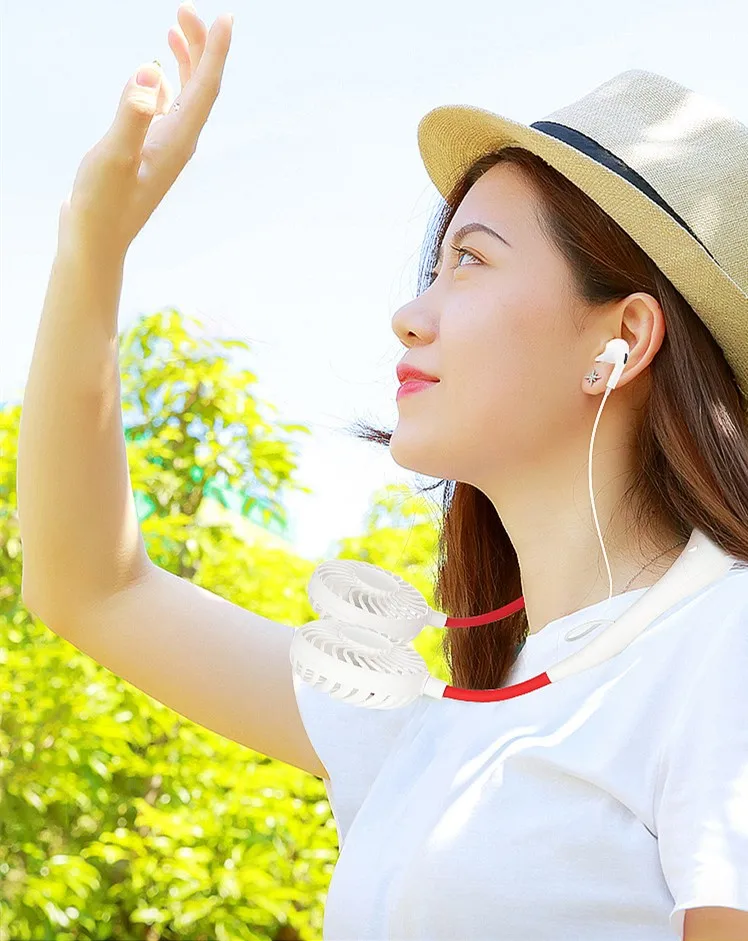 New Portable Earphone Neck Fan with Bluetooth Headphone Wireless Earbuds Wearable Fan LED Light Hands Free USB Rechargeable