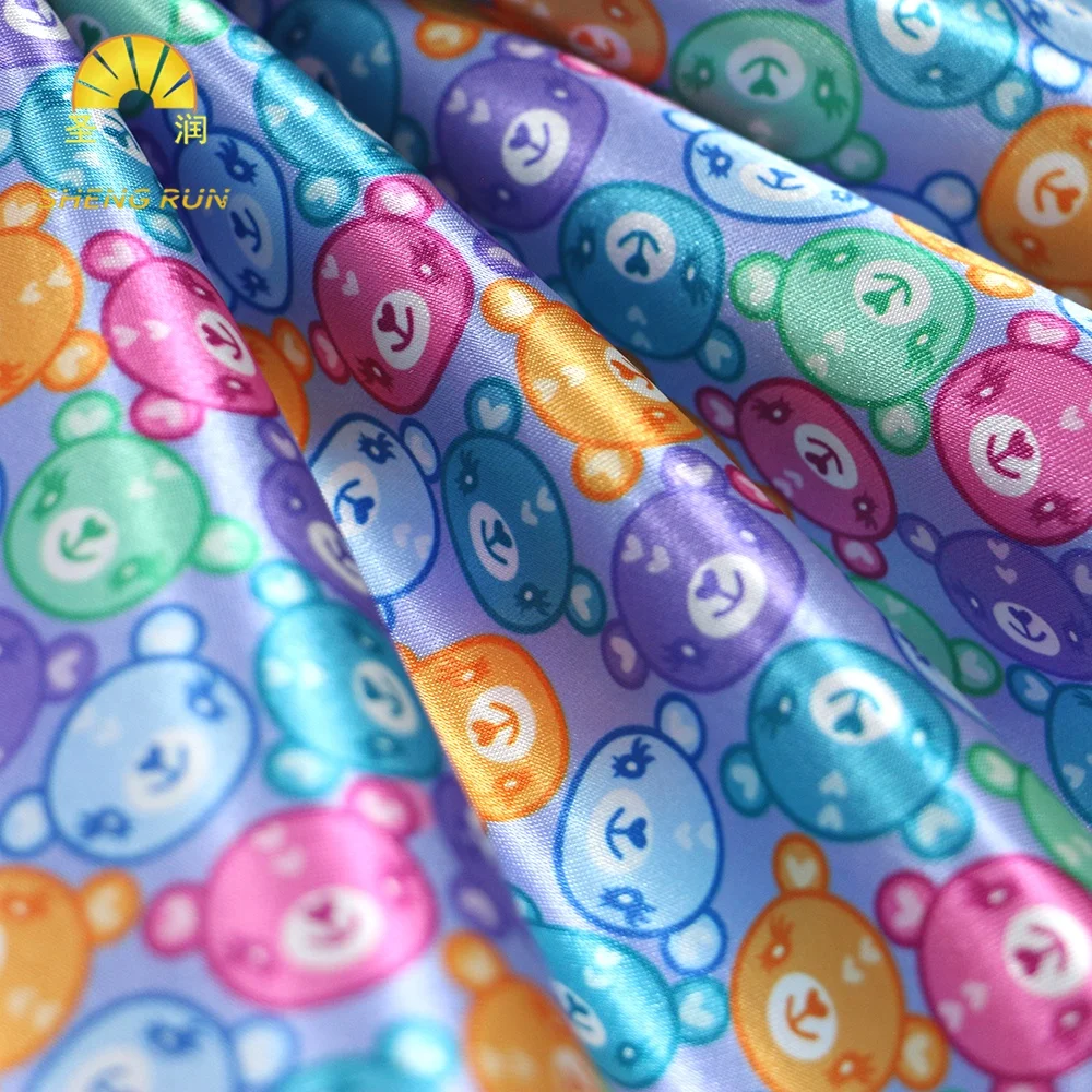 No MOQ Custom Printed Color Cartoon Bear Polyester Satin Pajamas Fabric