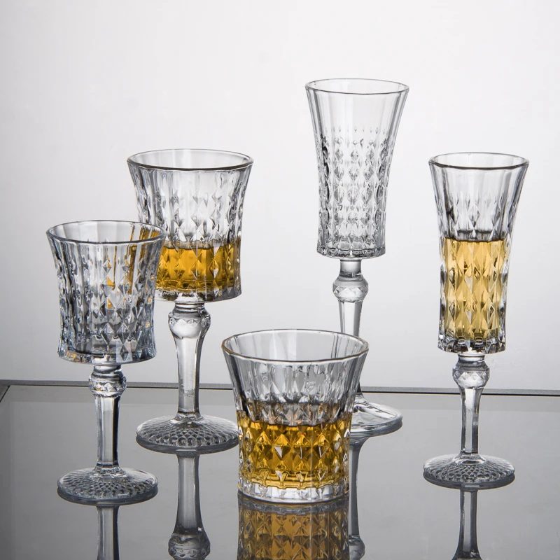 Custom Drinking Water Glasses Vintage Diamond Embossed Goblets Champagne Flutes Glasses Stemmed Crystal Red Wine Glass Set
