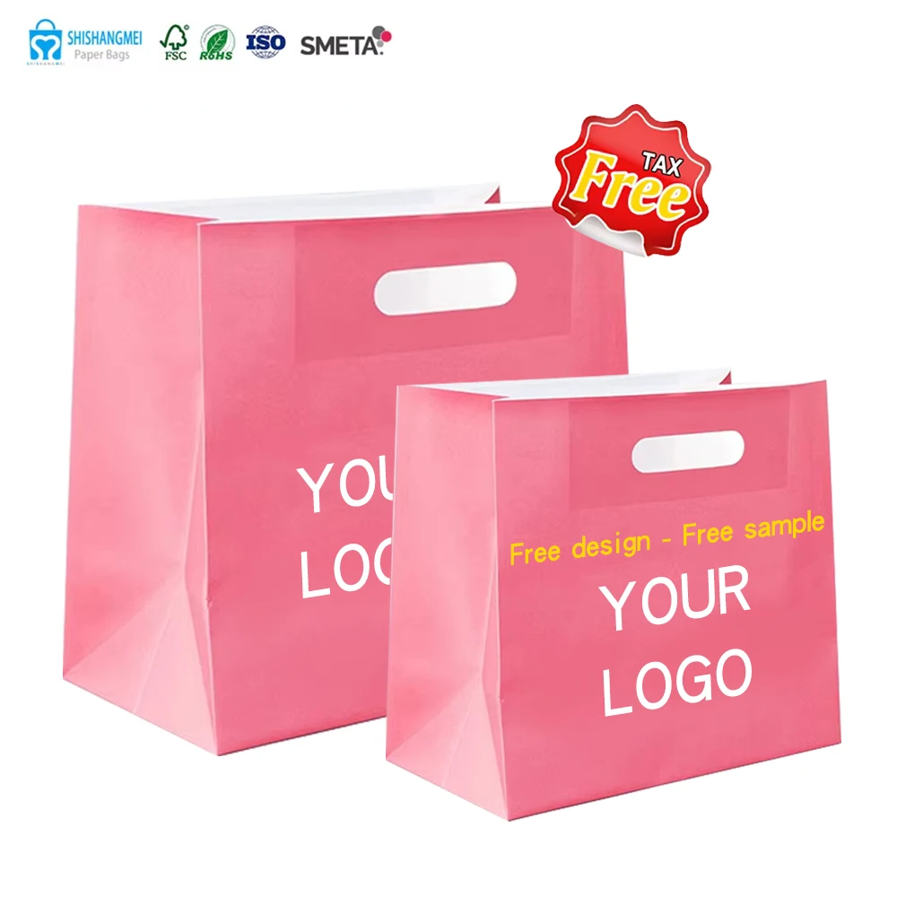 Biodegradable Wholesale Die Cut Handle Kraft White Paper Shopping Bags Pink Custom Kraft Bags