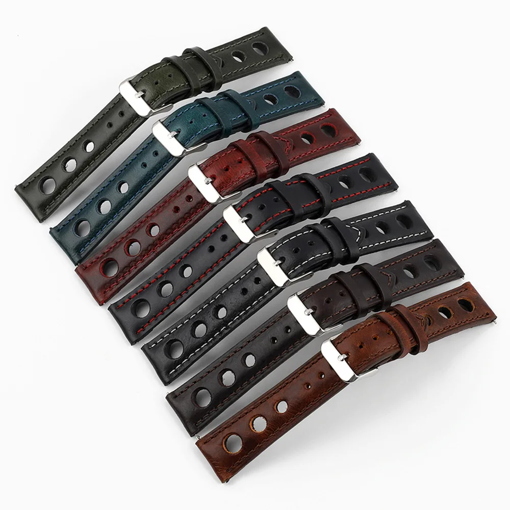 Premium 3 Holes Steel Buckles Neat Stitching Lines 2 Pcs Leather Watch Straps Bands Waterproof Watch Leather Strap