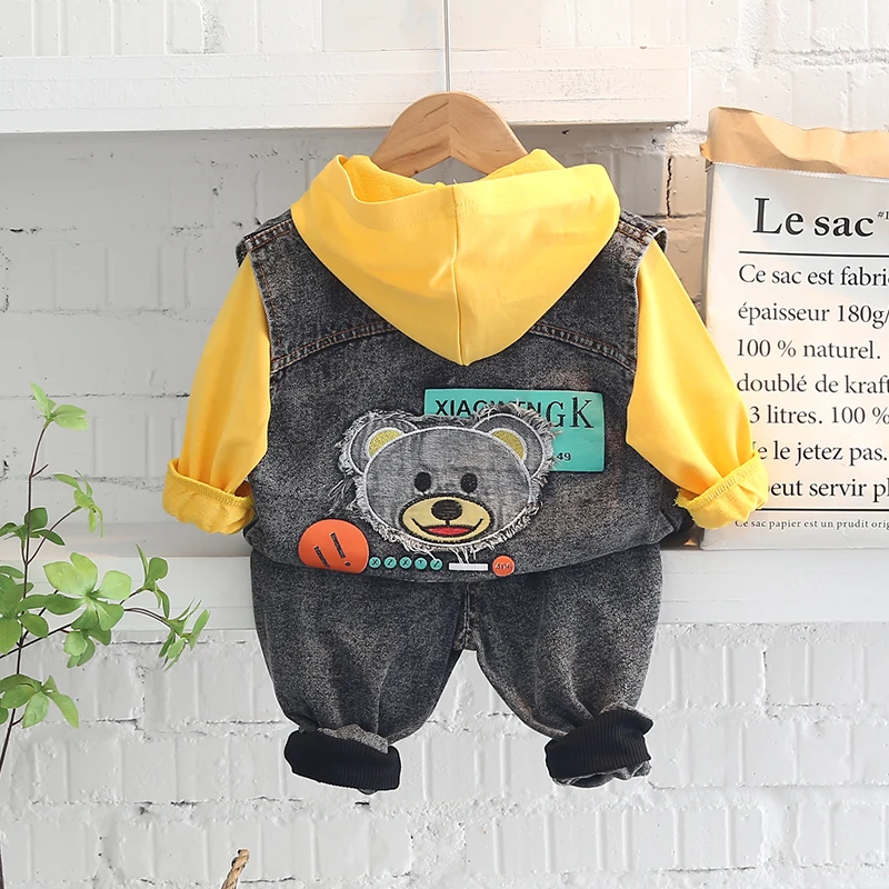 vetement enfants kids Denim vest jacket+Long sleeve shirt+jeans 	+kids hoodies Jean jacket and jeans