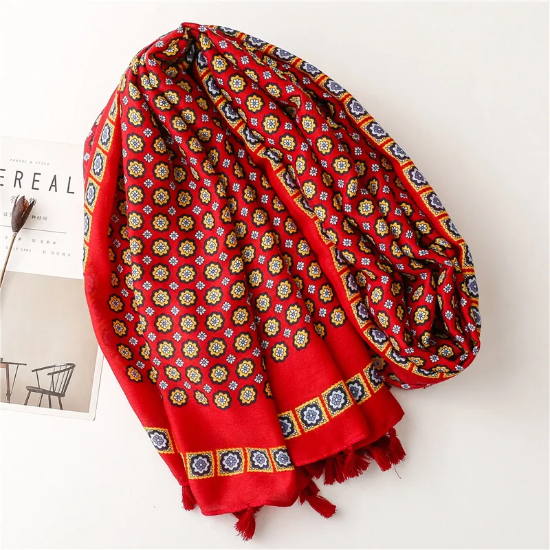 Eco friendly custom design viscose scarf red color round pattern print 100% polyester shawls and scarves luxury