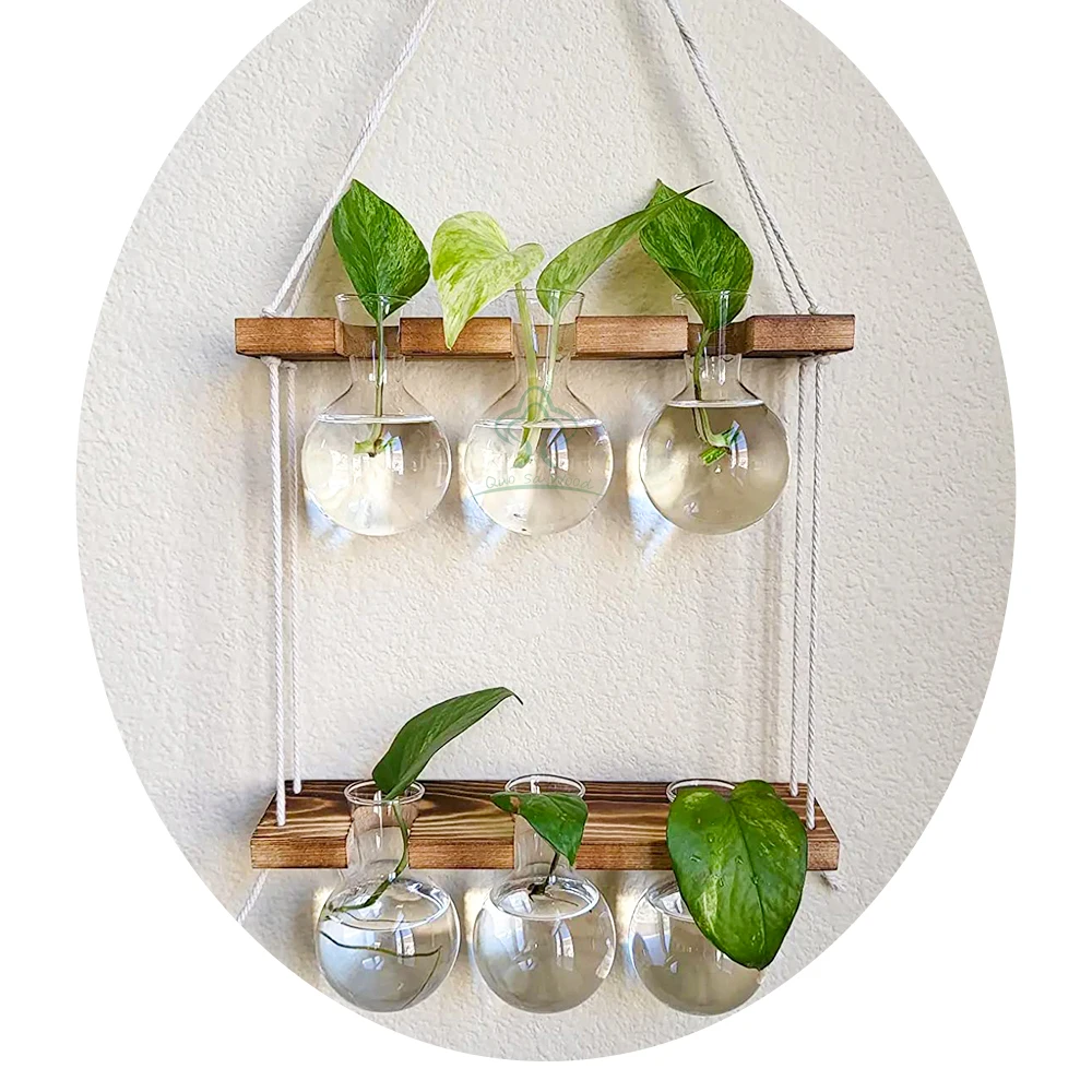 Wooden Stand and Retro Wall Hanging Tassel Lanyard Glass Vase,Propagation Plant Stations with Terrarium