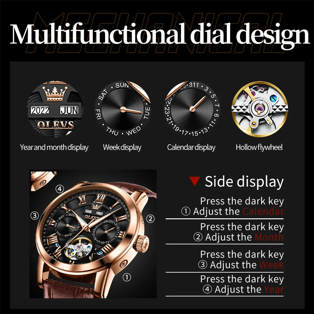 OLEVS 6668 Luxury Wrist Men Watch Waterproof Sport Leather Automatic Mens Mechanical Watches For Men