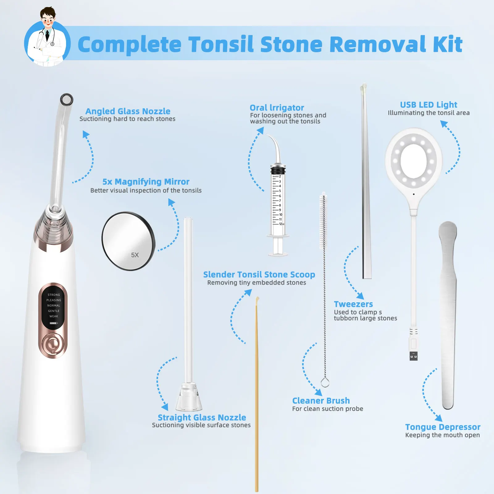 Electric Tonsil Stone Removal Kit Instant Suction Tool Oral Irrigator Syringe Tongue Depressor 5X Magnifying Tonsil Remover