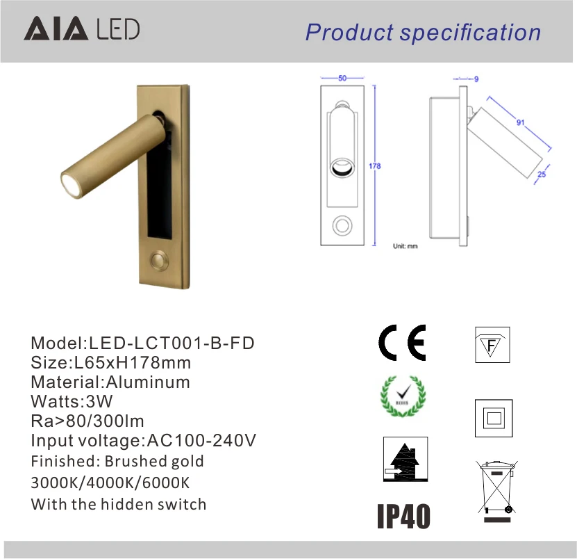 Adjustable headboard wall lamp led bed wall reading lamps energy saving bedside wall lights 3W for dormitory for hotel villa