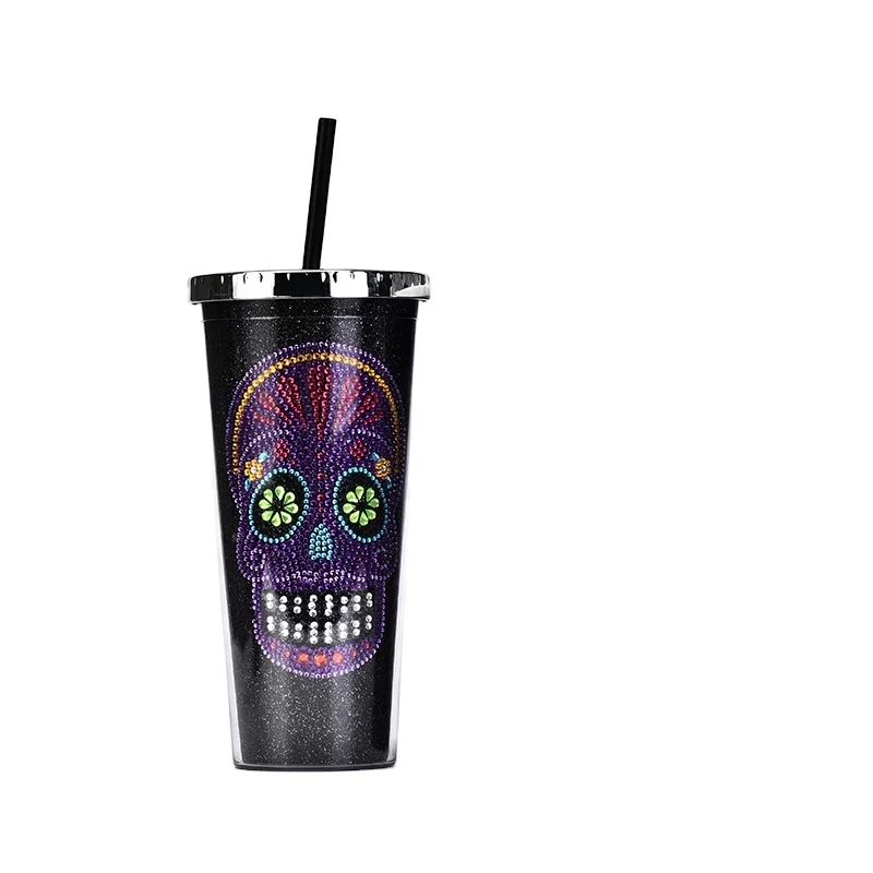 Template Double-layer Plastic Straw Halloween Skull Head Water Cup