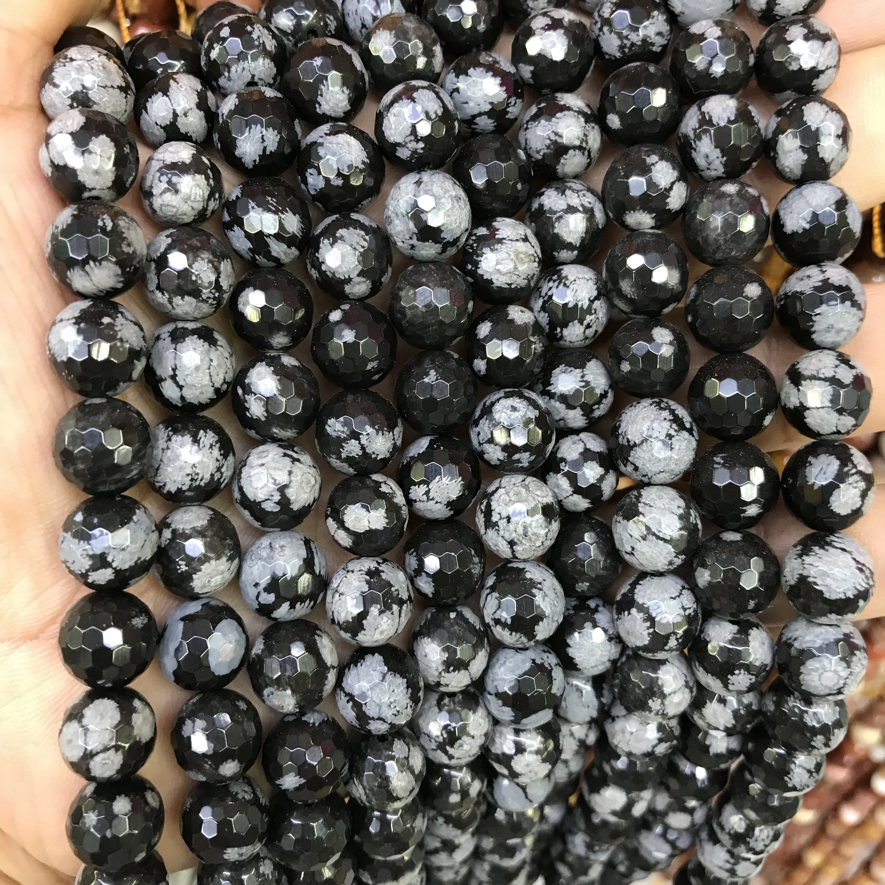 10mm round faceted snowflake obsidian jasper beads