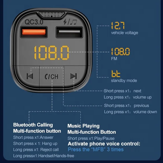 AGETUNR NEW T80 Bluetooth Car Kit Handsfree Stereo FM Transmitter MP3 Player 18W QC3.0 fast charge activate phone voice control