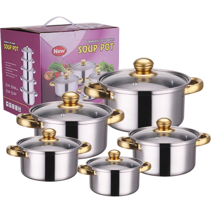 Meisite Factory Wholesale 10pcs Stainless Steel Gold Handle Soup Pots Cooking Pots and Pans Casserole Kitchen Cookware Sets