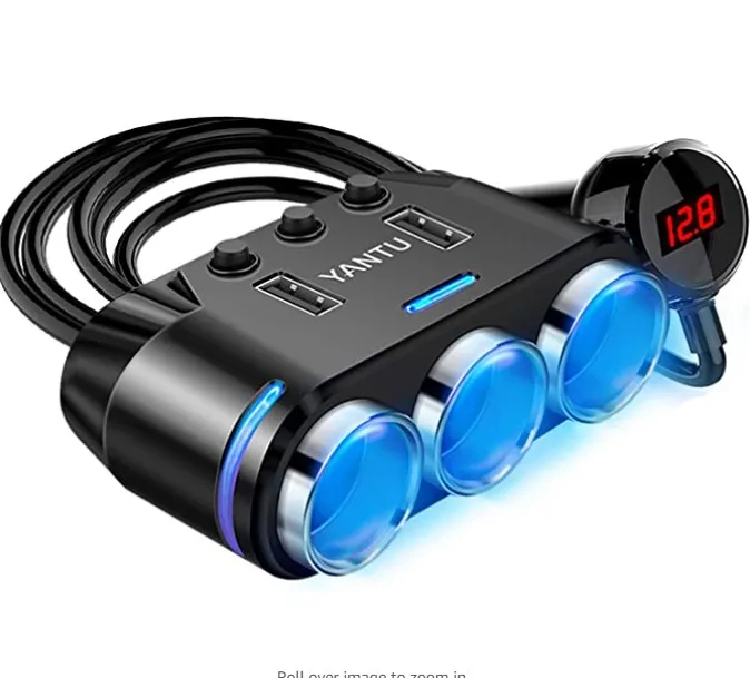 Cigarette Lighter Adapter 3 Socket Cigarette Lighter Splitter with LED Voltage Display Dual USB Car Charger Switches 12V