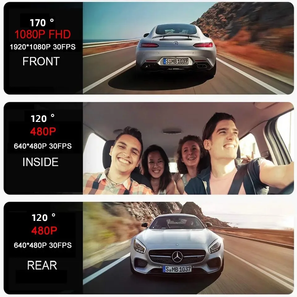 Car DVR Camcorder Black Box Video Recorder 2 Inch Mini Dash Cam For Car 3 Lens Camera Loop Recording 24 Hours Parking Monitoring