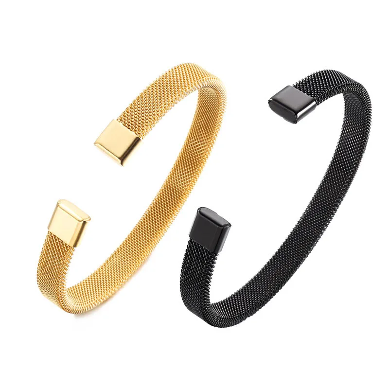 Open Gold Black Plated Wrist Hand Jewelry Hot Selling Wholesale Handmade Bracelet 316L Steel Mesh Bangle